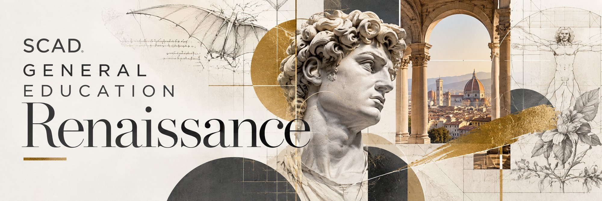 SCAD General Education Renaissance: a collage of classical sculpture, Florentine architecture, and Renaissance sketches in gold and parchment tones